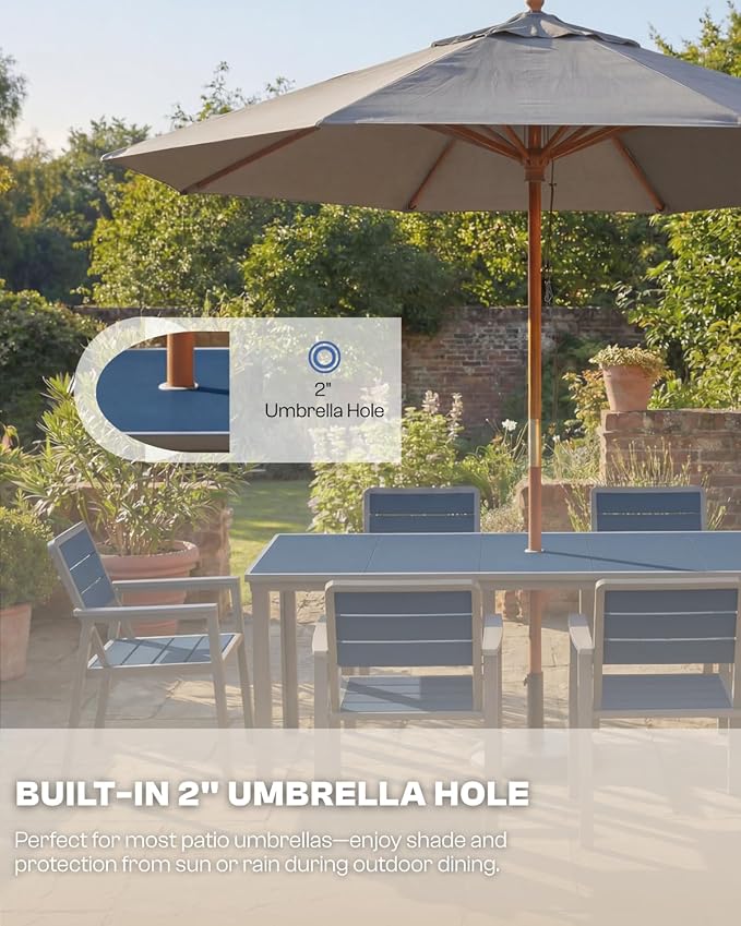 7-Piece Patio Dining Set, Aluminum & HDPE Outdoor Table and Chairs, Weather-Resistant All-Season Backyard & Deck Dining Furniture with 2" Umbrella Hole (Navy)
