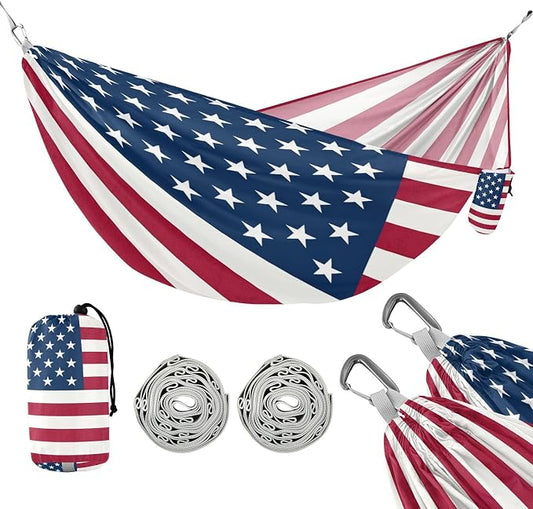 American Flag Camping Hammock, Portable Lightweight Single Hammock with Tree Straps and Aluminum Carabiners, 114" x 54" Travel Hammock for Hiking Backpacking Beach