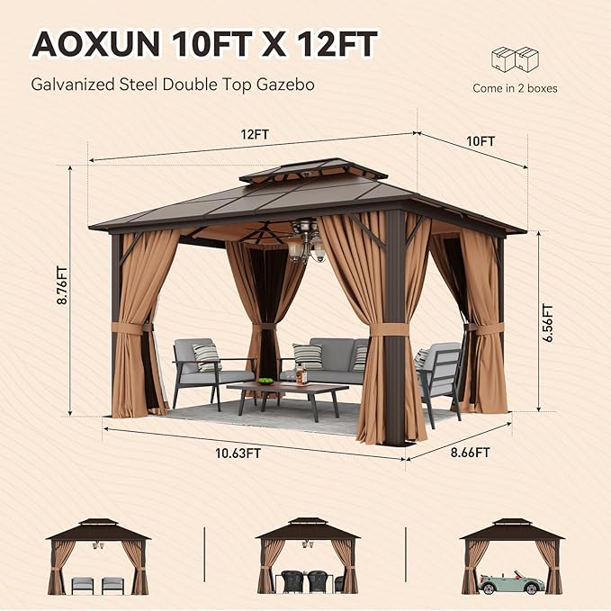 Aoxun 10'x12' Hardtop Gazebo, Outdoor Metal Gazebo with Double Polycarbonate Roof Canopy, Permanent Pavilion with Netting and Curtains for Lawn, Garden, Patio (Khaki)