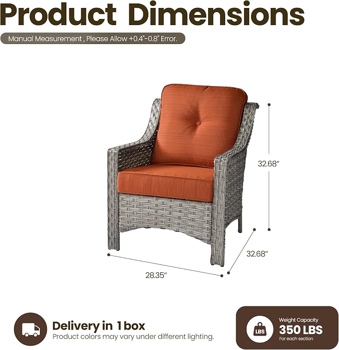 2 Piece Patio Furniture Set, Outdoor Wicker Chairs Set of 2 with Thick Cushion, Heavy Duty High Back Comfortable Chair for Small Balcony Porch Garden, Orange