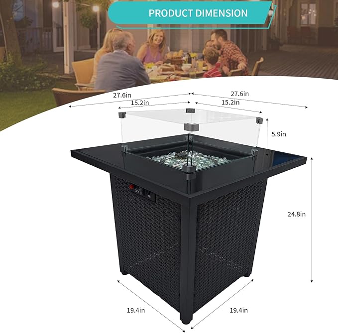 Propane Outdoor Fire Pit Table, 28" Rattan Square Fire Pit Table, Outdoor Gas FirePit W/Glass Wind Guard, Fire Pit Table top With Lid, CSA Listed, 50,000 BTU, Outside Patio Deck & Garden, Black