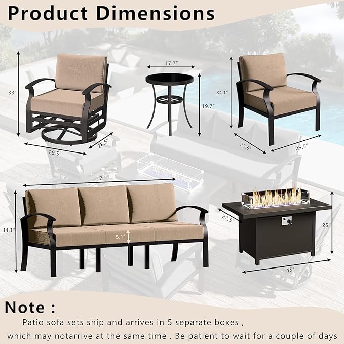 Patio Furniture Set 7-Piece Aluminum Armrest Sofa, Modern Outdoor Living Room Set with 55000 BTU Propane Aluminum Fireplace, Outdoor Rotary Joystick with Thick Cushion