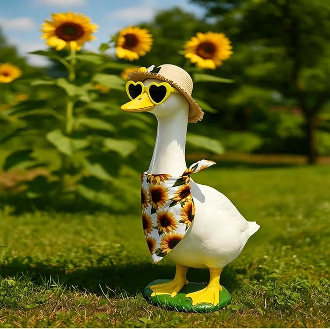 Sunflower Porch Goose Outfits, Goose Statue Clothes with Straw Hat + Heart Sunglasses + Sunflower Triangle Bandana for 17'' / 23'' Lawn Statues Outdoor Garden Yard Decor
