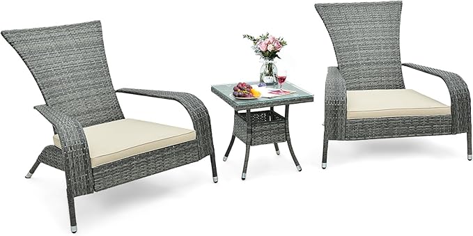 Tangkula 3-Piece Wicker Adirondack Set, Ergonomic Oversized Rattan Chairs w/Coffee Table, Comfy Seat Cushions, Tempered Glass Tabletop, Patio Conversation Set for Porch (Wicker, 3-pc)
