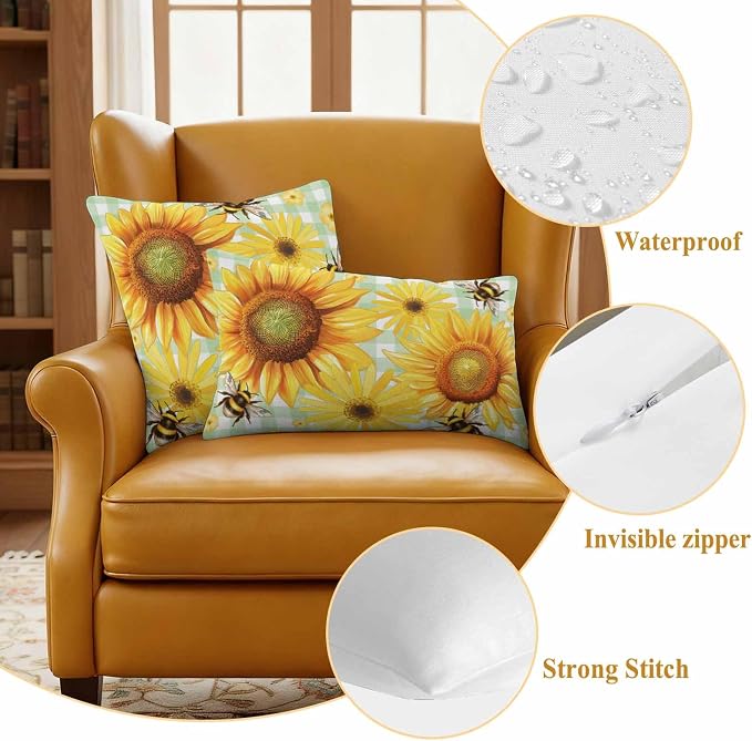 Outdoor Throw Pillow Covers,Pastoral Sunflower Bee Waterproof Decorative Pillowcases Cushion Cover Spring Daisy Floral Buffalo Plaid Pillow Cases for Patio Couch Sofa Bed,20x20in Set of 2