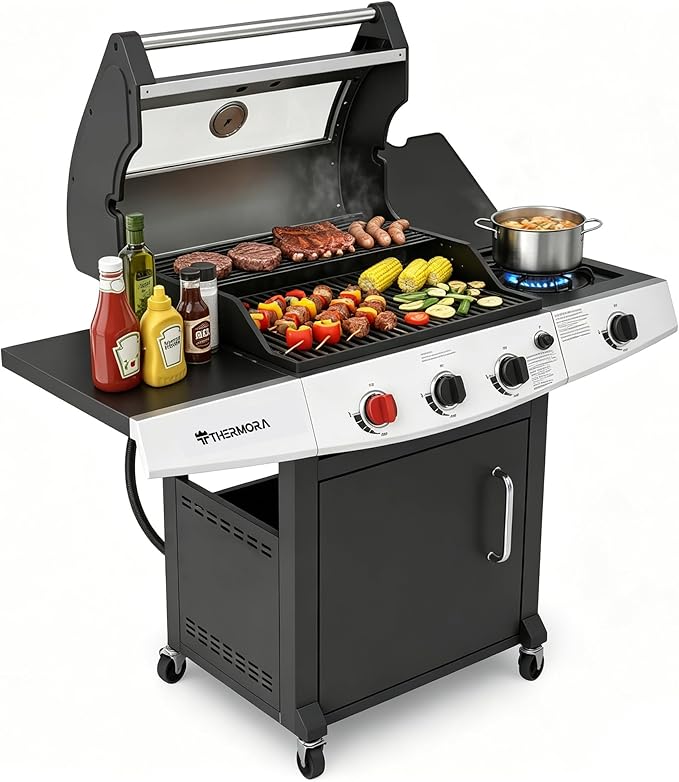 4 Burners Propane Gas Outdoor Grill 50000 BTU, 553 Sq.in, Side Burner, Porcelain-Enameled Grates, Stainless Steel Propane Grill Outdoor Cooking, Patio Garden Family Barbecues Party (4 Burners)
