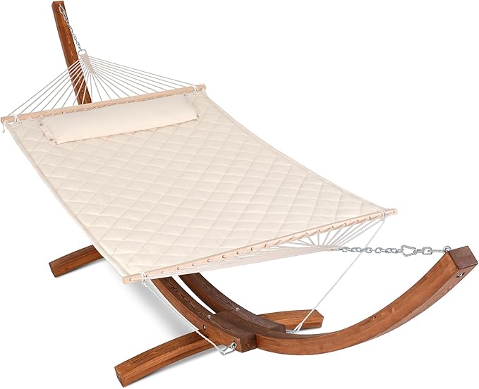 ANOW Heavy Duty Curved Wood Arc Stand with 2 Person Hammock, 13.5FT Larch Wood Stand with 2 Chains, 4 Balance Ropes and 4 Carabiners, Includes Cream Hammock with Spreader Bars