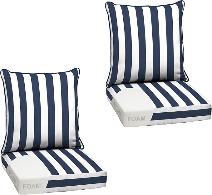 Arden Outdoor Deep Seat Cushion Set, Foam, 24x24, Blue Cabana Stripe | 2-Pack, Sofa, Couch, Conversation Set, Premium High-Density Foam, Never Flattens, Mold and Mildew Resistant