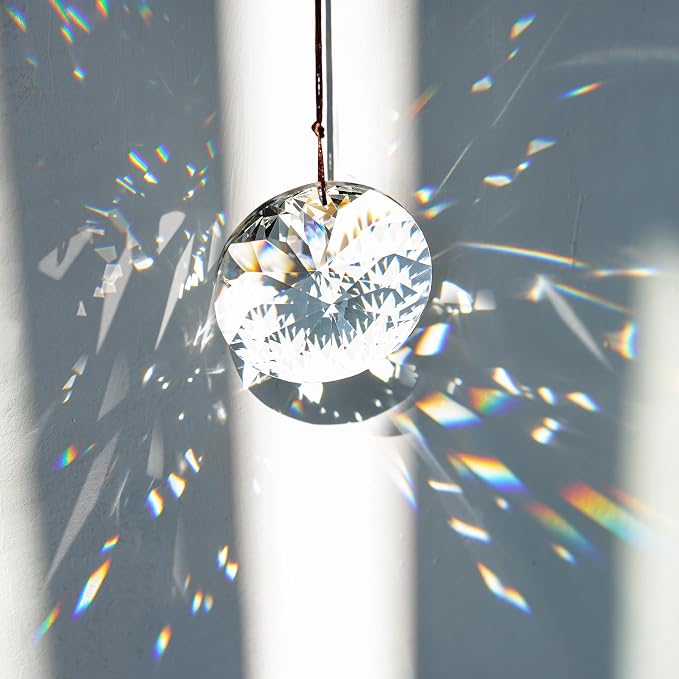YU FENG Bauhinia Hanging Faceted Crystals Large Window Prisms Suncatcher | 3inch Round Crystal Ornament, Window Hanging Decor, Chandelier Pendant, Clear Sun Catcher Decoration