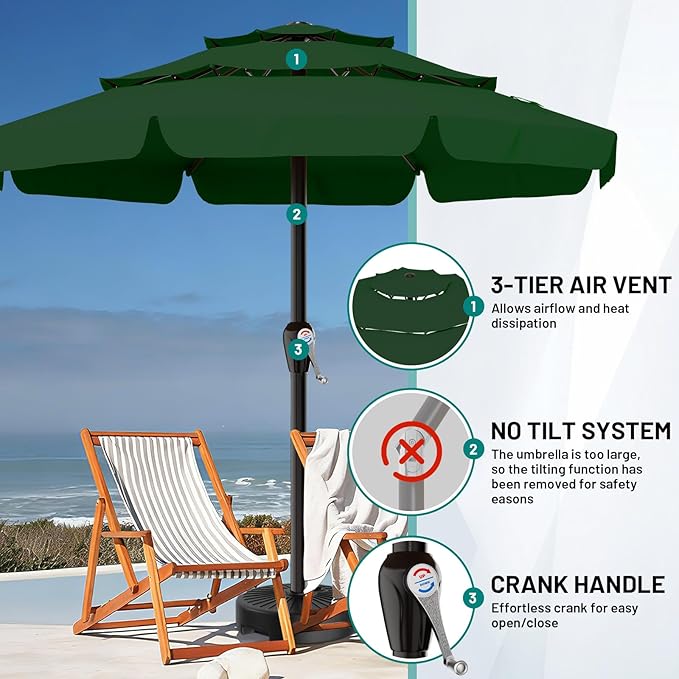 AreShark 12FT 3-Tiers Patio Umbrella with Valance, Outdoor with Crank, Large Outdoor Market Umbrellas Vented with 8 Sturdy Ribs, Patio Table Umbrellas for Garden, Deck, Backyard, Pool, Dark Green