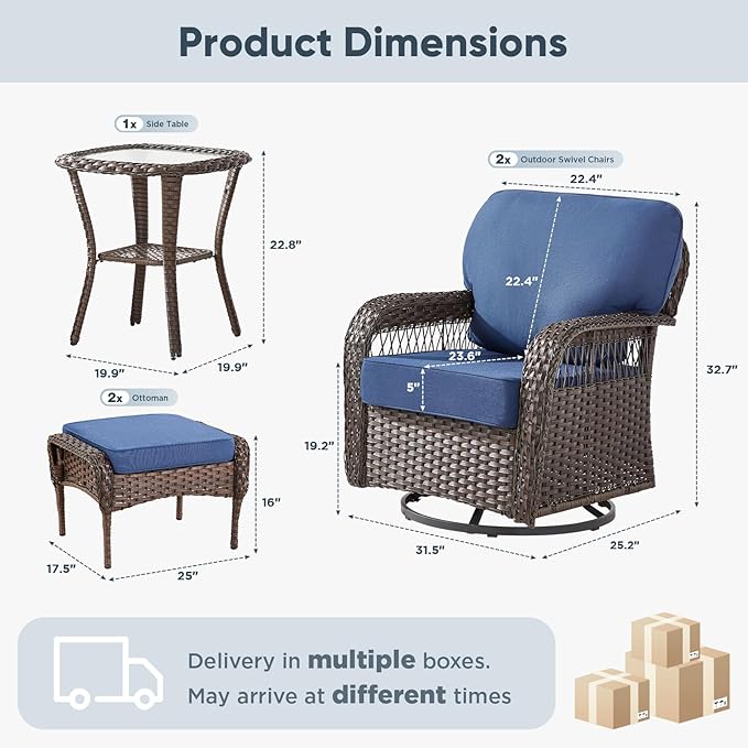 Belord Wicker Swivel Rocker Patio Chairs with Ottoman, All-Weather Wicker Outdoor Furniture Set, 5 Piece Patio Conversation Furniture Set,Blue