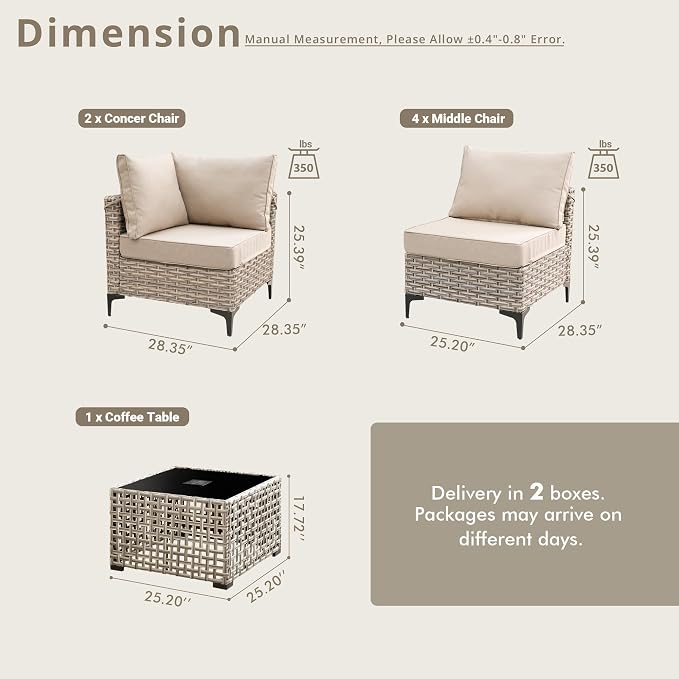 5 Pieces Patio Sectional Furniture Set, Outdoor Wicker Sectional Couch with Solar Lights Table, Modern Conversation Set for Porch Balcony Backyard, Beige