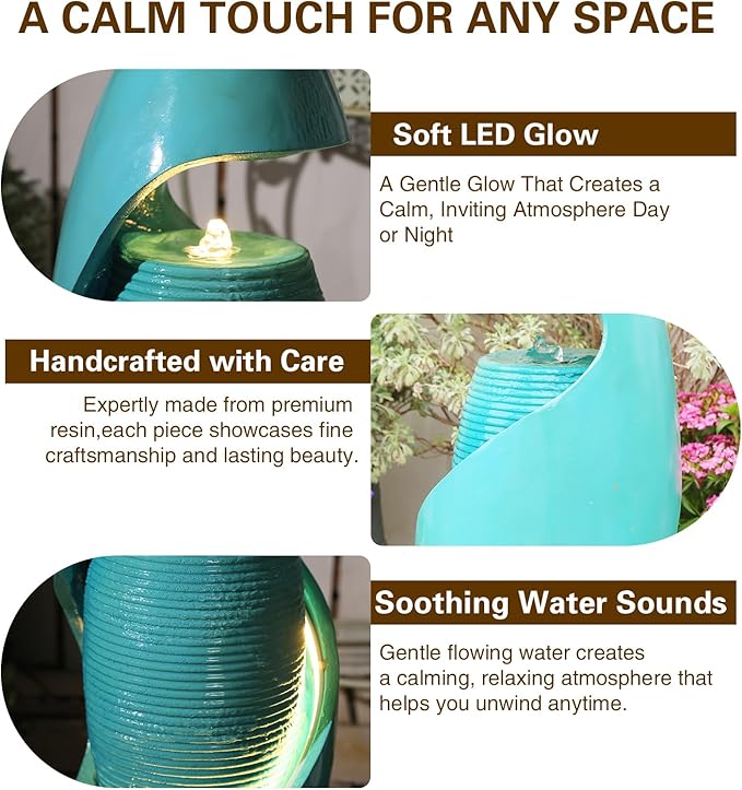 Bumilgar 29" Outdoor Water Fountain with LED Light, Modern Spiral Ceramic-Look Resin Indoor Water Feature, Outdoors Garden Fountain for Patio, Backyard Décor, Faux Ceramic Vase Waterfall Feature Green