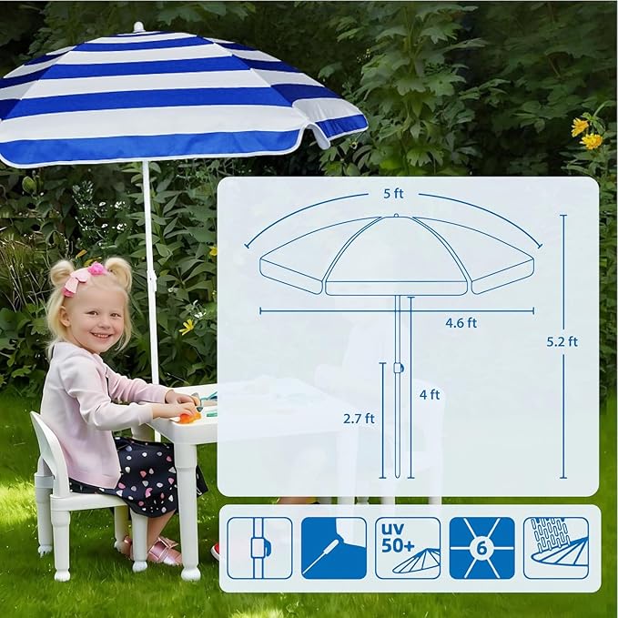 AMMSUN 5ft Seaside Umbrella for Sand and Water Table Sand Box - Kids Durable Umbrellas for children Beach Camping Garden Outdoor Play Shade (5ft Blue White)