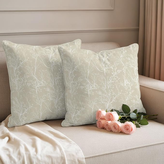 Beige Branches Waterproof Outdoor Pillow Covers Set of 2 Home Decor, Abstract Art Leaves Plant Pillowcase Patio Pillow Covers for Couch Bench Patio Furniture Garden 16x16in