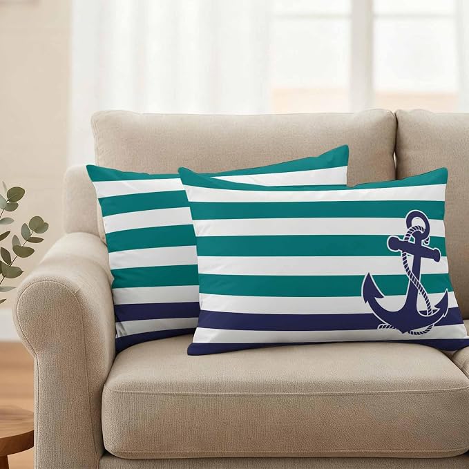 Lumbar Pillow Covers 20x12 Inch Set of 2, Anchor Teal Waterproof Outdoor Cushion Covers, Modern Navy Blue White Striped Nautical Decorative Pillowcases for Couch, Sofa, Bed, Garden, Patio
