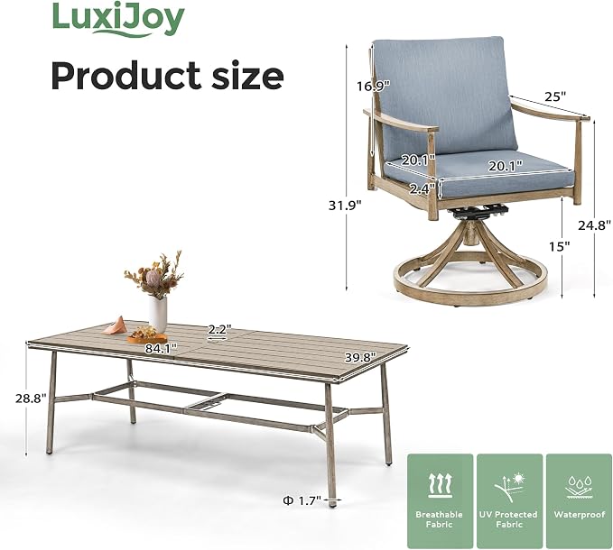 9-Piece Outdoor Dining Set for 8, Aluminum Dining Set with Cushions, 8 Swivel Chairs with Rope Backrest, Large Rectangular Table with Umbrella Hole, Patio Dining Set for Lawn Porch Yard,Brown