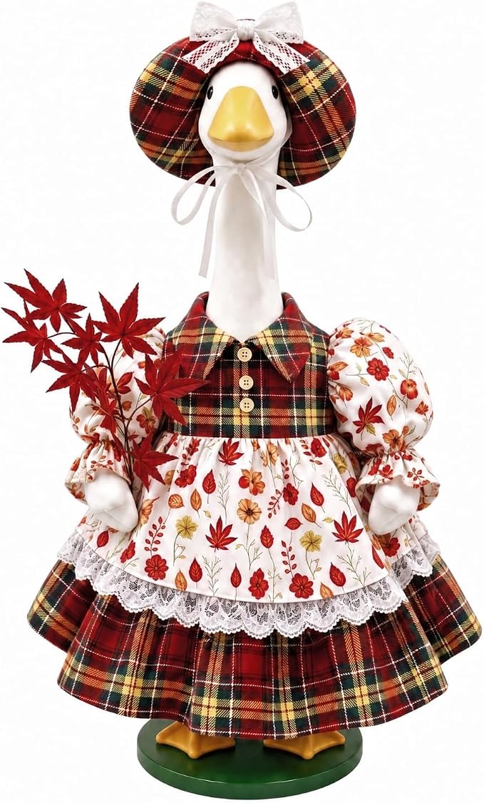 Fall Porch Goose Outfits, 23 Inch Geese Dress with Hat & Maple Leaf | Porch goose thanksgiving outfits for cement goose. Autumn yard decor clothes, thoughtful gift for mom grandma.