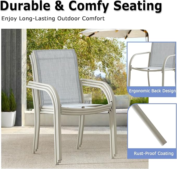 5 Piece Patio Dining Set for 4, 42” Black Round Table with Umbrella Hole and 4 Beige Blue Patio Stackable Chairs, Patio Table and Chairs for Backyard, Lawn, Deck & Garden