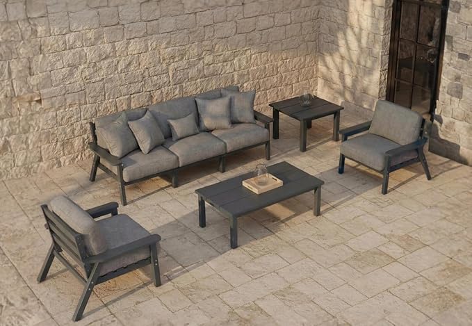 7 Piece Patio Conversation Sets, Outdoor Couch with Washable Thick Gray Cushions, HDPE Patio Furniture Set, Outdoor Sectional Furniture for Backyard, Deck, Lawn, Porch (Grey Frame)