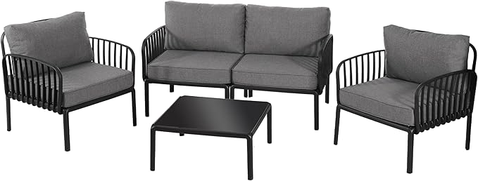 Christopher Knight Home Landon 4 Pieces Patio Conversation Set, Loveseat and Coffee Table Set, Accent Chairs, Club Chair with Cushion, Sofa Chair with Table Set for Balcony Garden, Black+Dark Gray