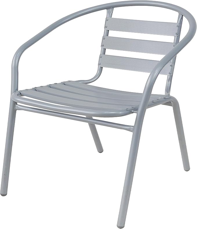 BTEXPERT Gray Indoor Outdoor Restaurant Stainless Steel Silver Aluminum + 3 Metal Slat Stack Commercial Lightweight, 3 Chairs with a 27.5" Round Table