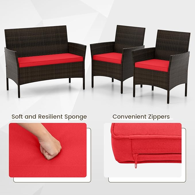 HAPPYGRILL 4 Pieces Outdoor Rattan Conversation Set, Patio Wicker Furniture Set with Loveseat Chairs & Tempered Glass Coffee Table, Outside Sectional Sofa Set for Backyard Garden Poolside, Red