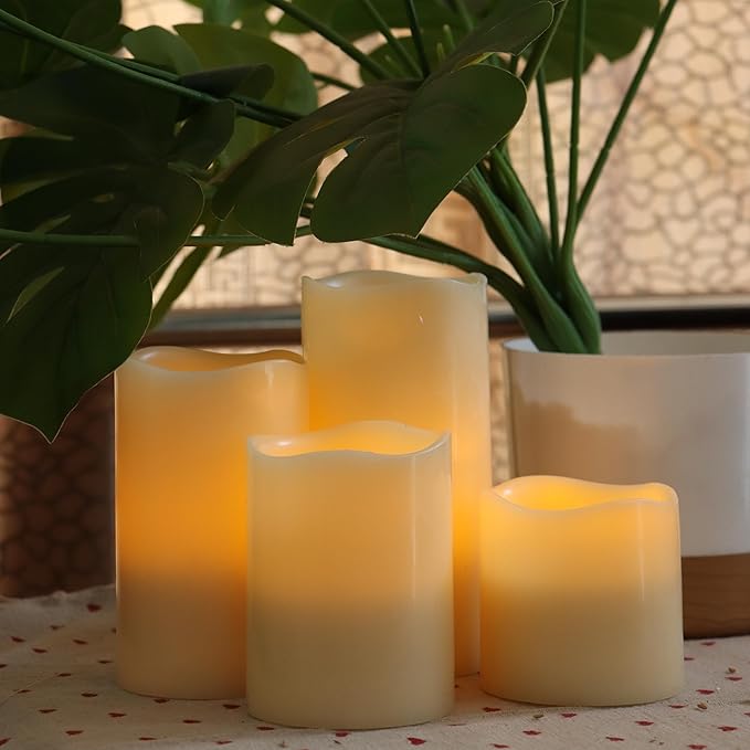CANDLE CHOICE Real Wax Battery Operated Flameless Candles with Remote Automatic Daily Cycle Timers Realistic Flickering Electric LED Pillars Wedding Party Halloween Christmas Decorations 4 Pack Ivory