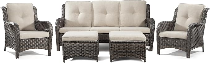 Patio Furniture Set 5-Piece Wicker Outdoor Furniture Conversational Set with 3-Seat Sofa, 2 Armchairs, 2 Ottoman Patio Rattan Wicker Sectional Sofa Set with Olefin Cushions, Beige