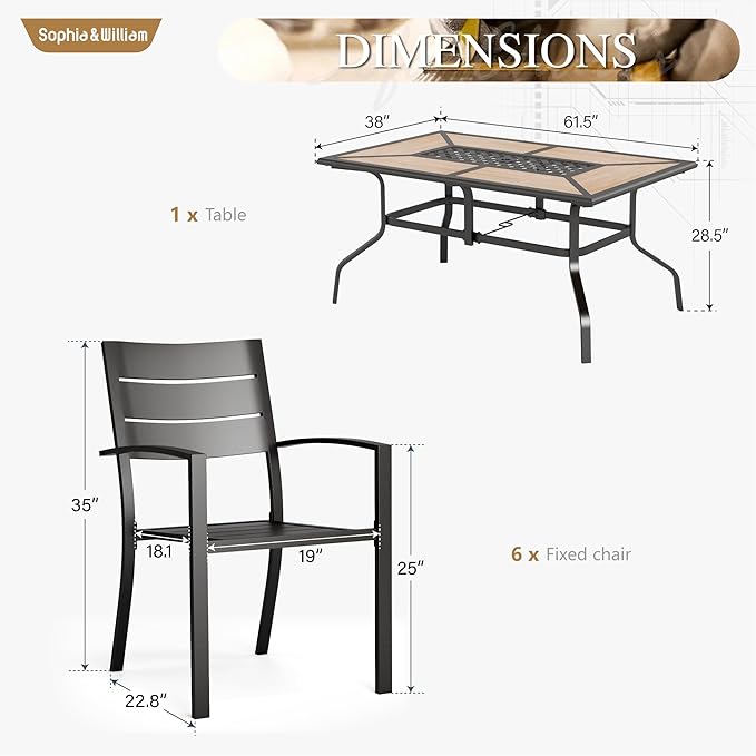 Sophia & William Patio Dining Set Metal Outdoor Table and Chairs Furniture Set 7 Piece, Large 60" Imitation Wood Dining Table with Umbrella Hole and 6 Backyard Garden Chairs Support 300LBS