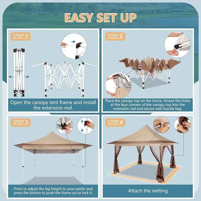 COBIZI 12x12 Pop Up Gazebo On Clearance,Outdoor Canopy Tent with Mosquito Netting,UPF50+,Adjustable Height and 144 Square ft of Shade for Party, Backyard, Gardens with Superior Peaked Roof（Khaki）