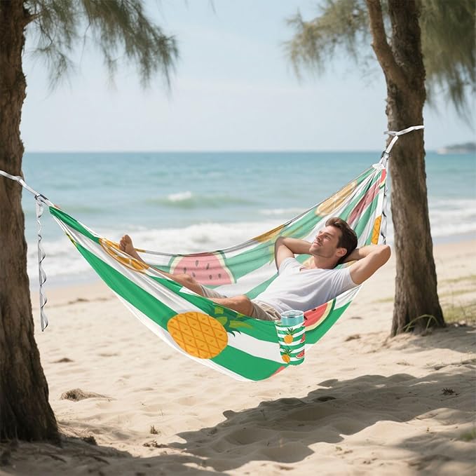 Green White Striped Summer Fruit 330lb Capacity Hammocks for Camping with Tree Straps Tree Hammock for Patio Backyard Lounge Base hamaca para Patio Exterior