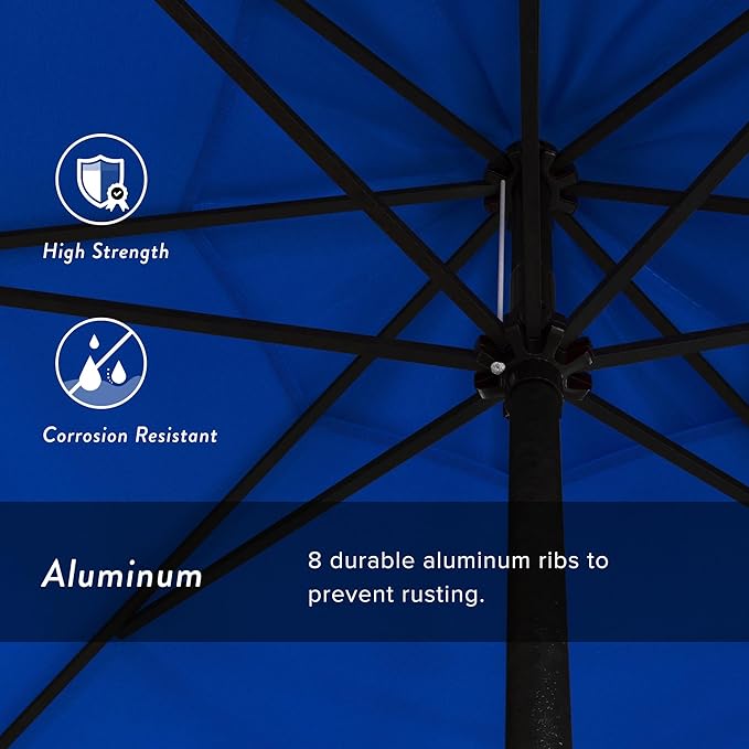 California Umbrella 12-Year Protection 9' Rd Aluminum Patio Umbrella, Crank Lift, Auto Tilt, Black Finish, Sunbrella Pacific Blue