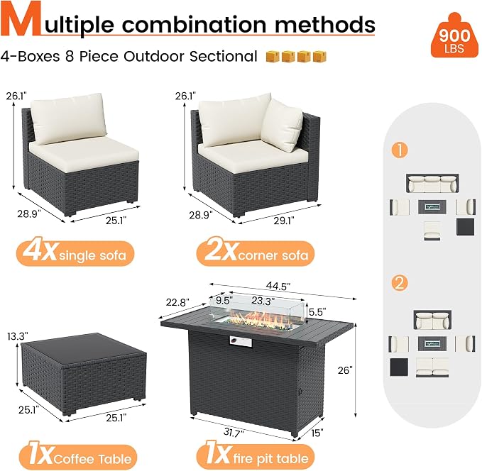 8 Piece Patio Furniture Set with 43" Fire Pit Table, Outdoor Sectional Wicker Rattan Sofa Set with Coffee Table (White/Black)