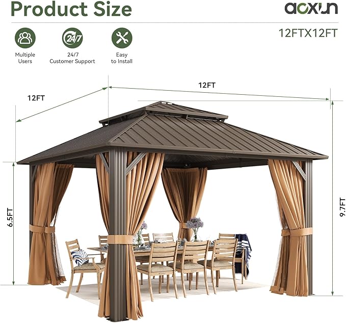 Aoxun 12’x12’ Outdoor Gazebo, Heavy Duty Canopy Pavilion with Ventilated Double Roof, Patio Pergola with Netting and Curtains for Backyard, Garden, Deck (Brown)