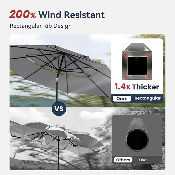 PHI VILLA 10ft Outdoor Patio Umbrellas for Outside, 3 Tier Vented Market Table Umbrella Windproof for Backyard, Deck, Garden, 1.5" Pole, Grey（No Base）