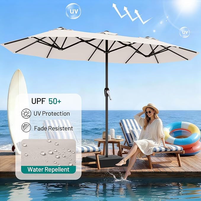 AreShark 15ft Patio Umbrella with Base, Double Sided Outdoor Umbrella with 12 Fiberglass Ribs, Large Outdoor Umbrella for Garden, Pool, Deck, Backyard & Market, Cream White