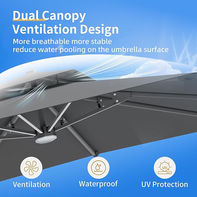 10 X 13 FT Cantilever Patio Umbrella with Base Included & Led Lights Outdoor Rectangle Offset Large Double Top Heavy Duty Umbrellas 360°Rotation for Pool Deck Backyard Garden, Gray