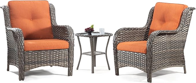Wicker Chair Set 3-Piece Wicker Outdoor Furniture Conversational Sets with Two Armchairs & One Rattan Side Table, Olefin Cushions Included, Orange