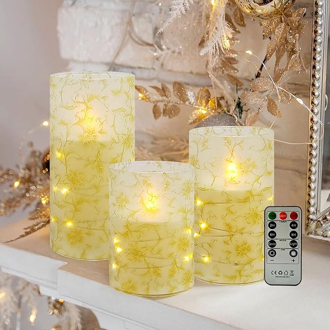 Flickering Flameless Candles, Recessed String Light LED Candles 3D Wick Acrylic Battery Operated LED Pillar Candles with Remote and Timer for Modern Simple Home Decor Set of 3(Gold Flower)