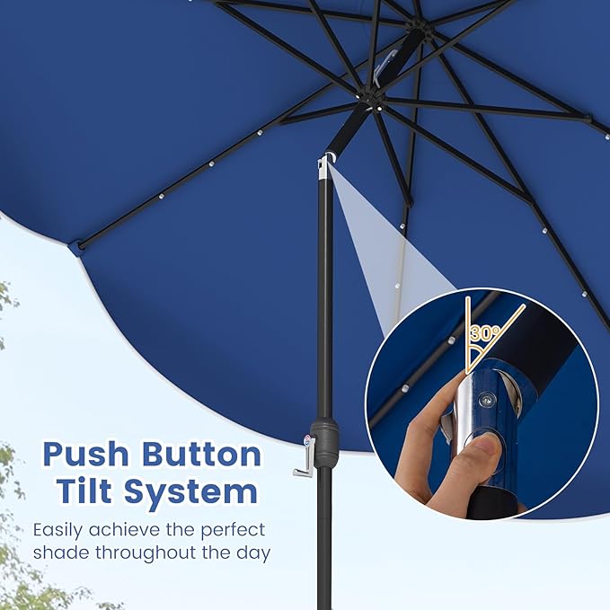 Tangkula 10 FT Solar Patio Umbrella, 2-Tiers Outdoor Scalloped Table Umbrella with 24 LED Lights, Tilt Adjustment, Crank, 8 Ribs for Market Backyard Pool Deck Beach Lawn (Navy)
