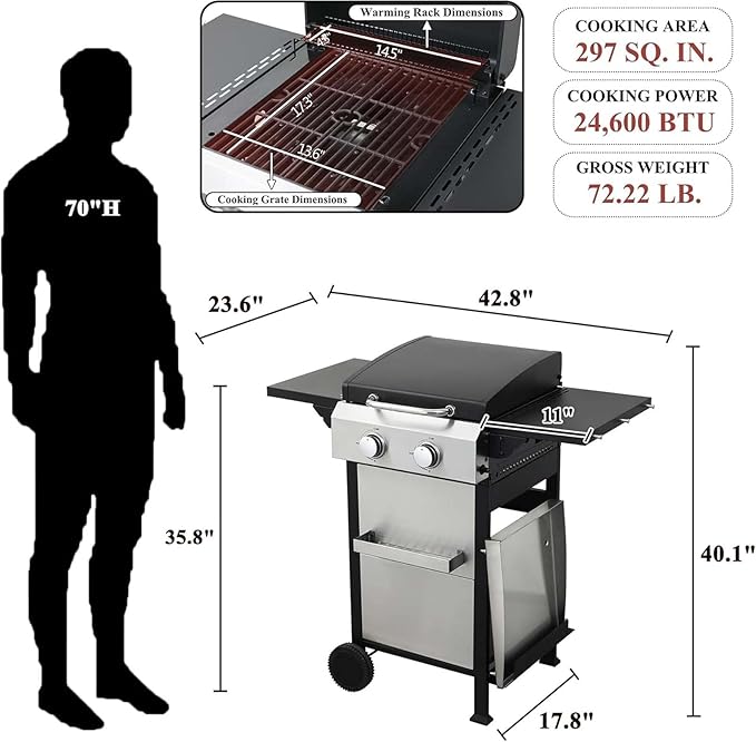 2-Burner Propane Gas BBQ Grill with Wire Enamel Cooking Grids & SS Plancha, 24,600 BTU Output Stainless Steel Grill with Foldable Side Table and Hanging Basket for Outdoor Backyard Barbecue