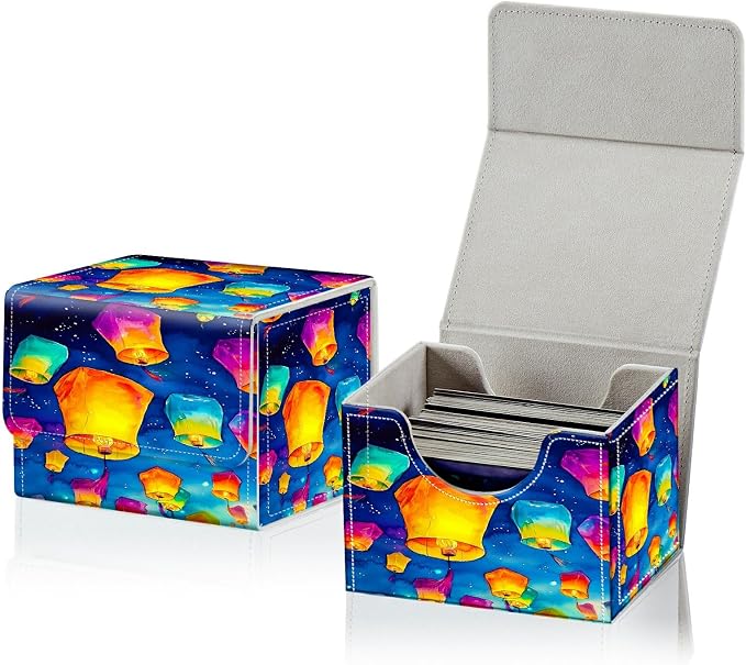 Card Deck Box for MTG, Cards Storage Box Fits 120+ Sleeved, Leather Small Size Strong Magnetic Closing Card Case for Board Games Magic TCG CCG Baseball Collection, Blue Lantern