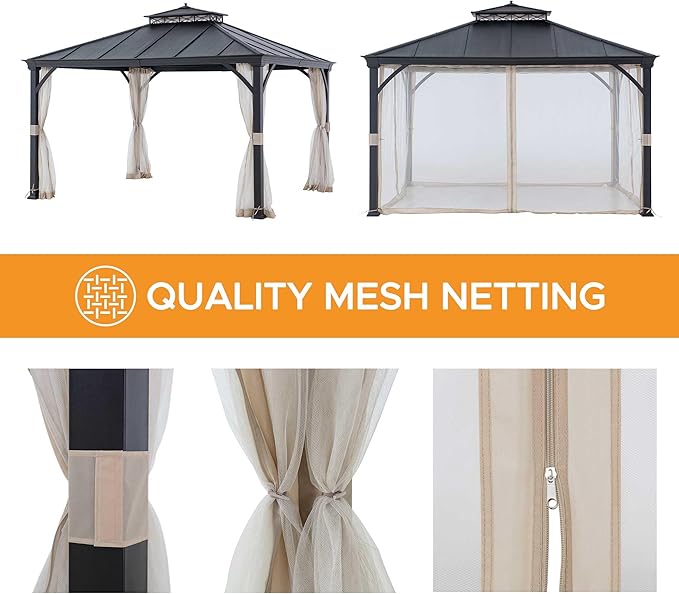 Sunjoy Hardtop Gazebo 11 x 13 ft. Outdoor Patio Black Metal Gazebo with Double Tiered, Ceiling Hook and Mesh Netting, Black