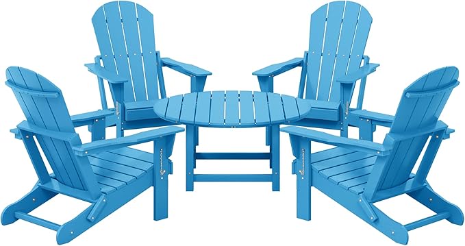 Costaelm Patio Conversation Set, 5 Piece Balcony Furniture, Small Patio Firepit Furniture Outdoor Adirondack Round Coffee Table and Chair for Backyard Lawn Porch Pool Garden, Pacific Blue