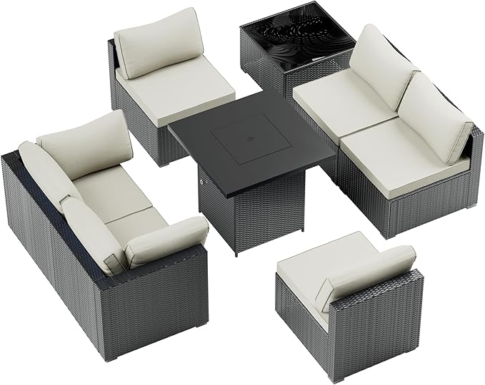 Patio Furniture Set with Fire Pit, All-Weather Outdoor Sectional Patio Furniture Set Including 7-Seated Sofa, 28" Gas Fire Pit Table,Coffee Table for Any Patio,Light Grey