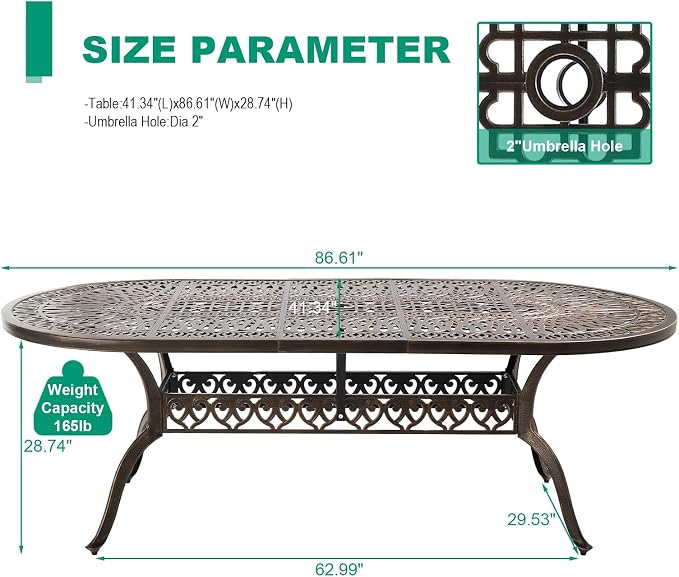 Cast Aluminum Patio Dining Table,Outdoor Dining Table for 8-10,Patio Metal Dining Table with Umbrella Hole for Backyard,Garden,Poolside (1, Oval)
