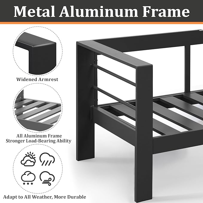 8 Pieces Patio Conversation Sets, Aluminum Outdoor Couch with Coffee Table, All-Weather Metal Patio Sofa with 5" Thick and Soft Cushion and Wide Arm, Outdoor Sofa Sets for Balcony, Porch, Light Gray