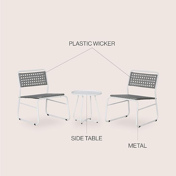 JONATHAN Y LVG1100A-3SET Freja 3-Piece Mid-Century Modern Faux Rattan Conversation Outdoor Patio Set Scandinavian, Classic, Transitional, Bohemian, Traditional, White/Gray