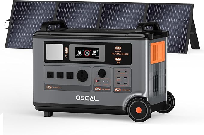 OSCAL Portable Power Station 3600Wh PowerMax 3600 SE With 200W Solar Panel, 3600W (Surge 7200W) Output, LiFePO4 Solar Generator for Home Use, Power Outage, Camping, RV, Emergencies